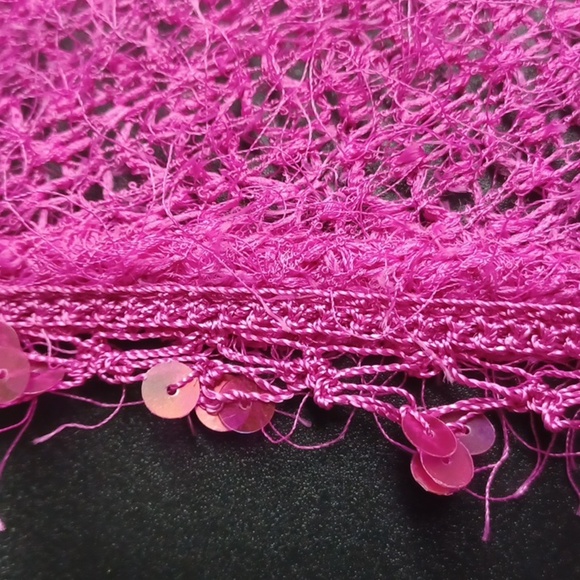 Robbie Bee Fuzzy Crop Cardigan, Pink, Sequins, 3/4 Sleeve, Crochet Trim - Picture 4 of 7